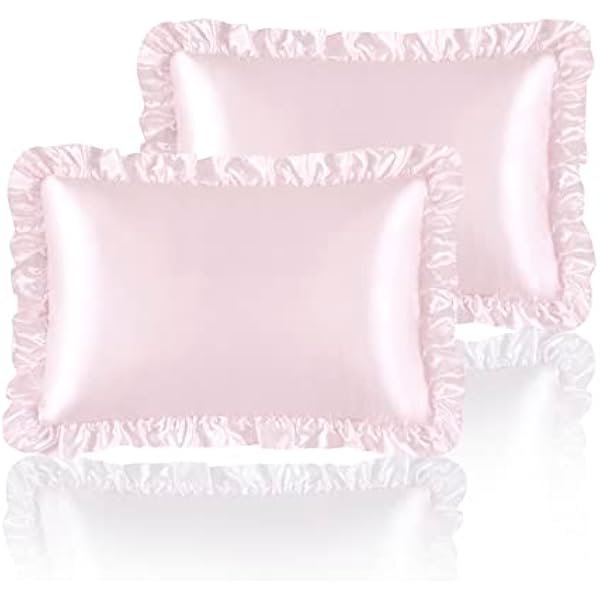 Silky Satin Ruffled Pillow Cases for Hair and Skin,Blush Pink Silky Pillowcases Queen Set of 2 with Envelope Closure Princess Room Decoration