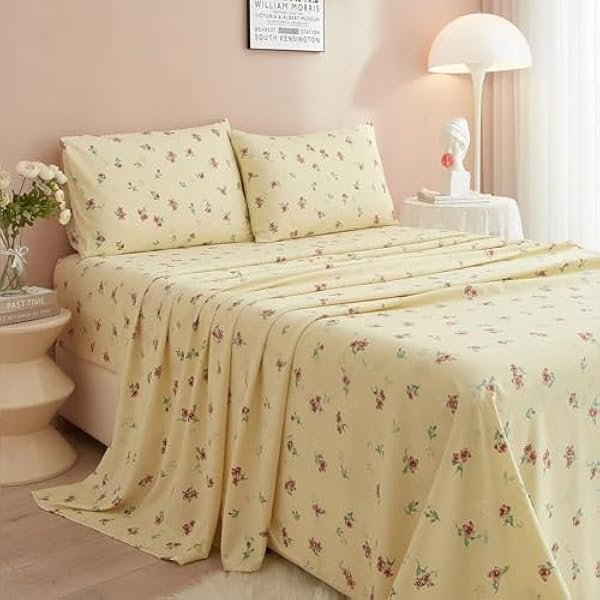 California King Bed Sheets 4-Piece Set,1 Cute Boho Yellow Floral Extra Deep Pocket Fitted Sheet,1 Washed Comfy Breathable Flat Sheet and 2 Pillowcases,Wrinkle Free,Fade Resistant,All Season