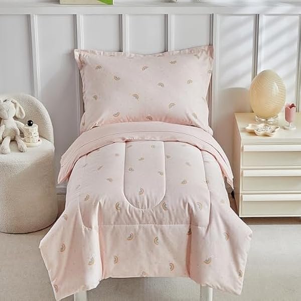 Cotton Toddler Bedding Set for Girls,4 Piece Toddler Bed Sets,Pink Rainbow Pattern Kids Comforter Sheet Set,Includes Quilted Comforter,Fitted Sheet,Top Sheet,and Pillow Case
