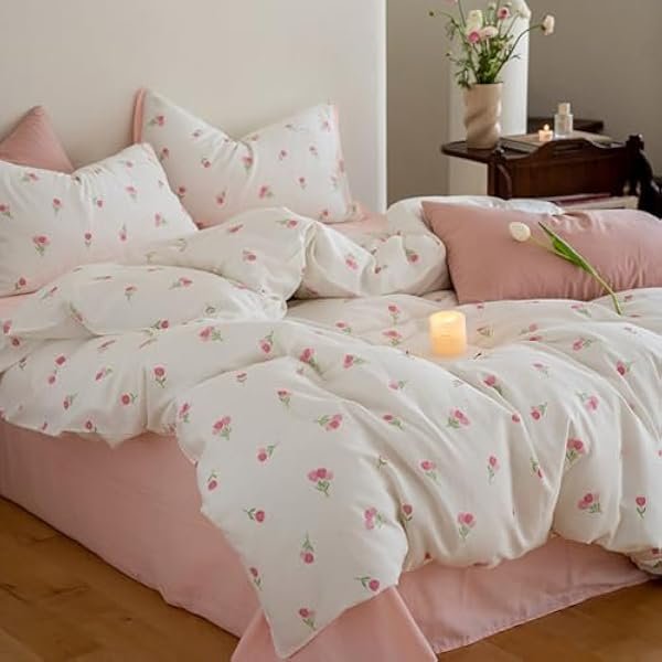 Pink Floral Comforter Set Queen Size Coquette Tulip Printed on White Comforter 3 Pcs Kids Girls Soft Lightweight Cute Bedding Set for All Seasons (1 Comforter, 2 Pillow Shams)