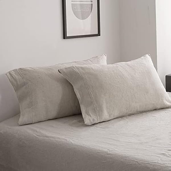100% French Linen Pillowcase Queen Size-Set of 2- Washed Solid Color Pillow Cases Embroidered -Soft and Durable (Linen, 20''x30'')