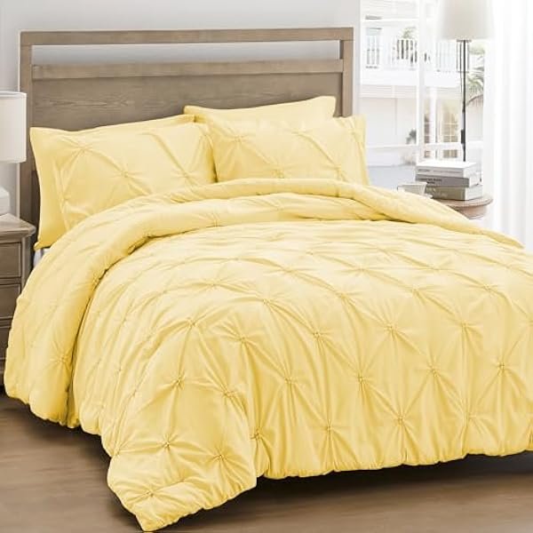 King Size Comforter Set Yellow - Ultra Soft Boho Pintuck Down Alternative Bedding Set for All Seasons, 3 Pieces Lightweight Warm Pinch Pleat Bed Set with Comforter, 2 Pillowcases