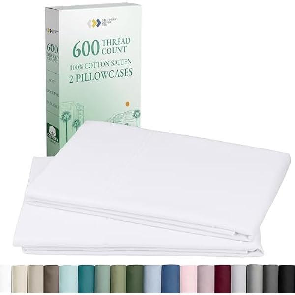 Luxuriously Soft 600 Thread Count 100% Cotton King Size White Pillowcase Set of 2, Fits King Pillows