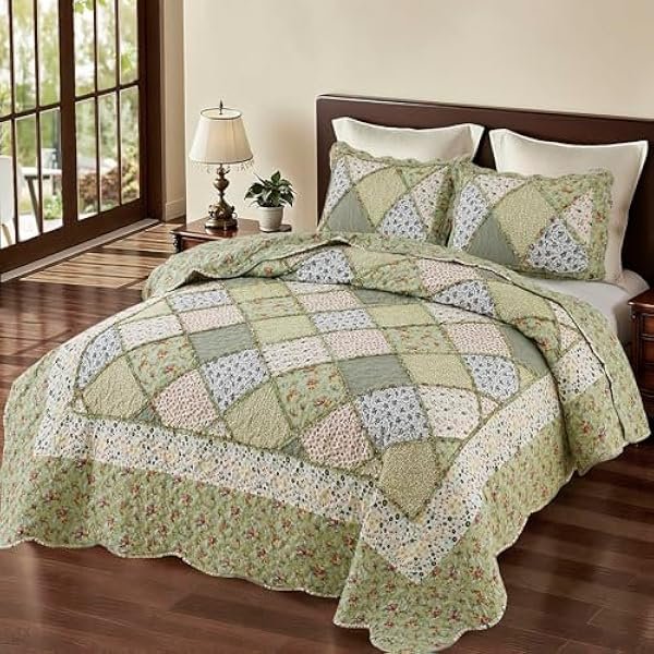 Full Queen Size Green Patchwork Quilt Set Reversible Quilted Bedspread Coverlet Set 3-Piece Floral Lightweight Comforter Stitched Bedding Set Bed Sheet Set Cover Blanket with 2 Pillow Shams | Patchwork Quilt Set, Queen Bedspread, Reversible Quilt, Lightweight Quilt, Floral Comforter, Green Floral Quilt