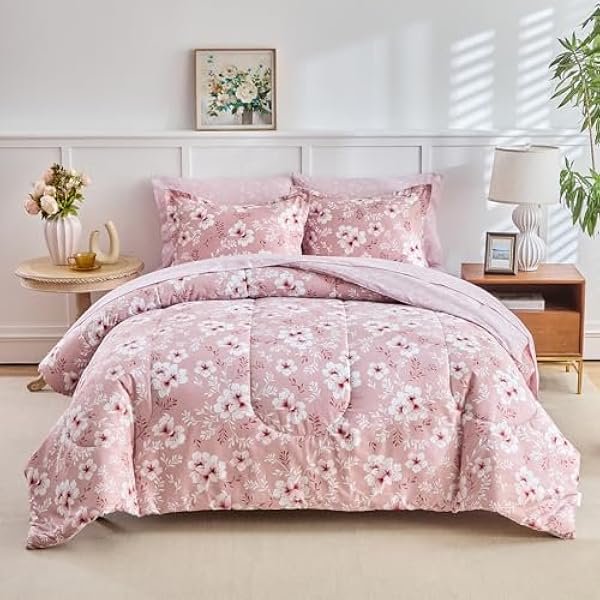 Queen Comforter Set- 7 Pieces Floral Bed in a Bag, Flowers Pink Design Comforter Sheet Set, Soft n Cozy Microfiber Bedding Set for All Seasons