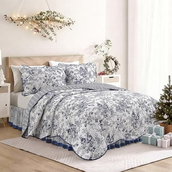 100% Cotton Blue Floral Quilt Set Queen Size Bedding Sets with Pillow Shams and Bed Skirt, 4 Pieces Floral Bedspread Coverlet, Quilted Blanket Bed Cover for All Season, 88"x90"