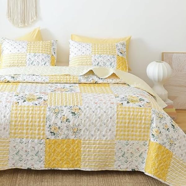 Quilt Sets Twin Size Floral Quilt Set 2 Pieces Bedding Set Bedspreads Yellow Comforter Blanket with 1 Pillow Cases- Ultra Soft Floral Coverlet with Printed Pattern 66in.x 90in.