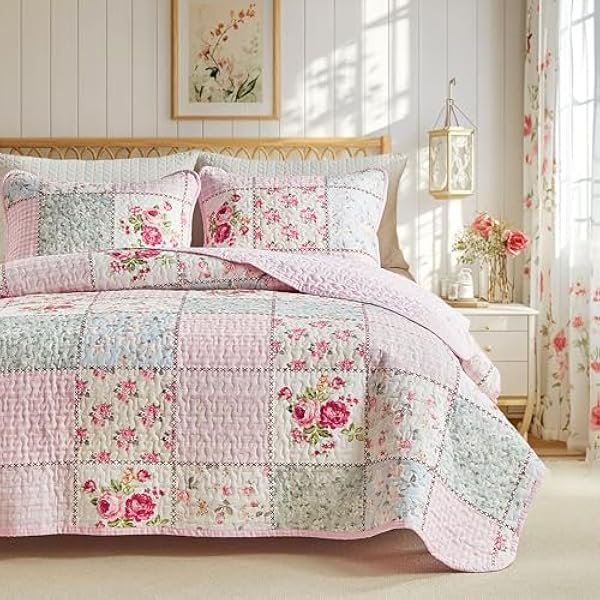 Floral Cotton Quilt Set, Pink Aqua Flowers Grid Patchwork Design for Spring, 3 Pieces Queen Size Quilt Bedding Set, Soft n Cozy Bedspread Bed Cover for All Season- 90x90 inches