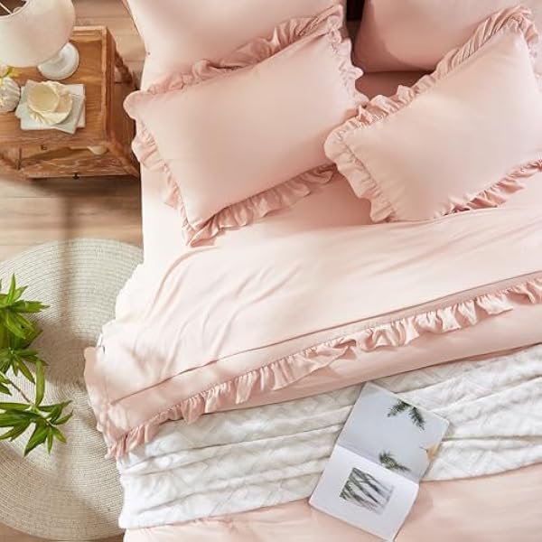 Full Comforter Set 7 Piece, Pink Bed in a Bag with Shams, All Season Ruffle Shabby Chic Bedding Sets with 1 Comforter, 2 Pillow Shams, 2 Pillowcases, 1 Flat Sheet