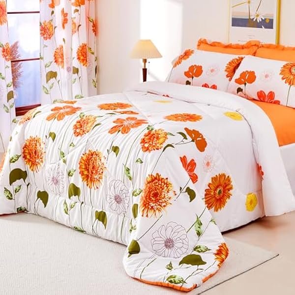 Queen Comforter Set 7 Pieces Reversible Queen Size Comforters for All Season Orange Sunflower Floral Bedding Sets Bed in a Bag with Flat Sheet and Fitted Sheet,Pillowcases & Shams (88"x88")