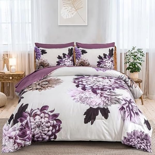 Purple Comforter Set King, 7 Piece Floral Comforter Set with Sheets Elegant Flower Print Bed in a Bag Soft Microfiber Complete Bedding Set for All Season
