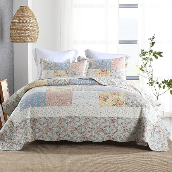 Cotton Bedspread Quilt Bedding Sets 3 Pieces Reversible Coverlet Sets Comforters Green Rose Floral Patchwork Bedspread, Queen Size