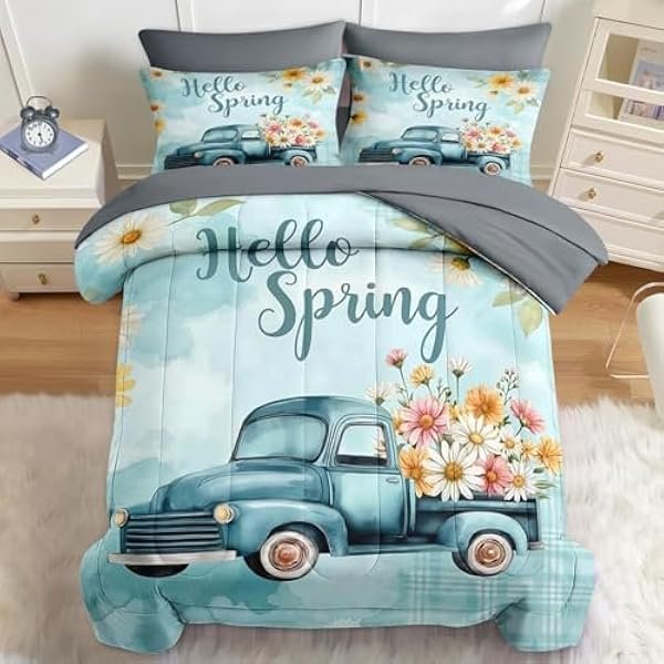 7 Pcs Spring Comforter Set Queen Size, Truck Flowers Farmhouse Bedding Set for Kids and Adults, Blue Daisy Bed Sheet Sets with Fitted Sheet 2 Pillowcases & 2 Shams