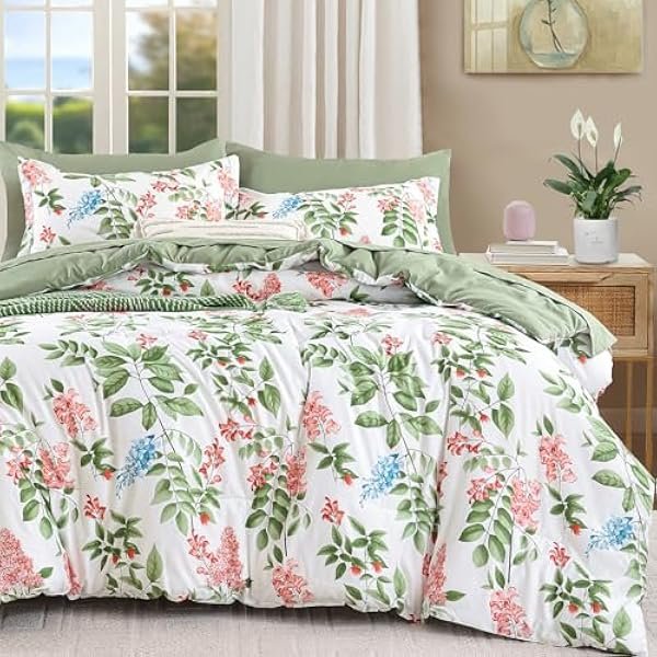 Green Comforter Set Queen Size Floral 7-Piece Bedding Set,Botanical Comforter Set with Pillowcases,Soft Microfiber Complete Bedding Sets for All Season