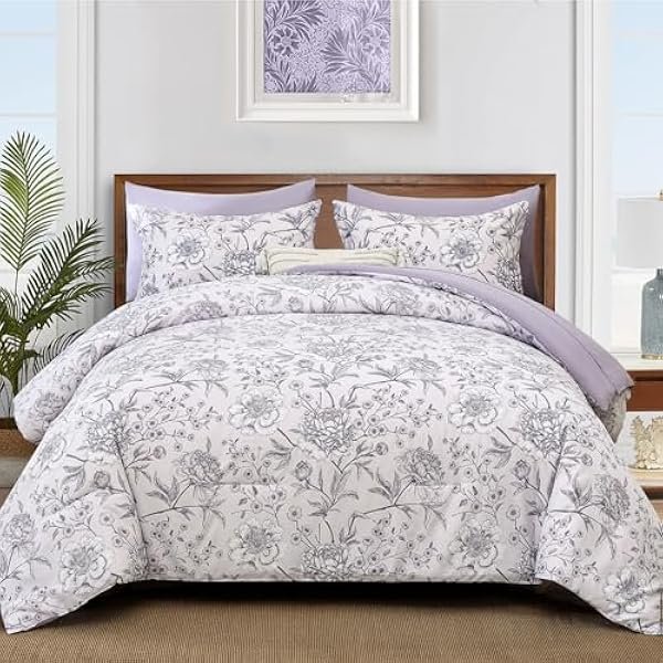 Botanical Floral Purple Comforter Queen 7 Piece Bed in a Bag Soft Microfiber Bedding Comforter Set for All Season (1 Comforter,2 Pillowcases,2 Pillow Shams,1 Flat Sheet,1 Fitted Sheet)