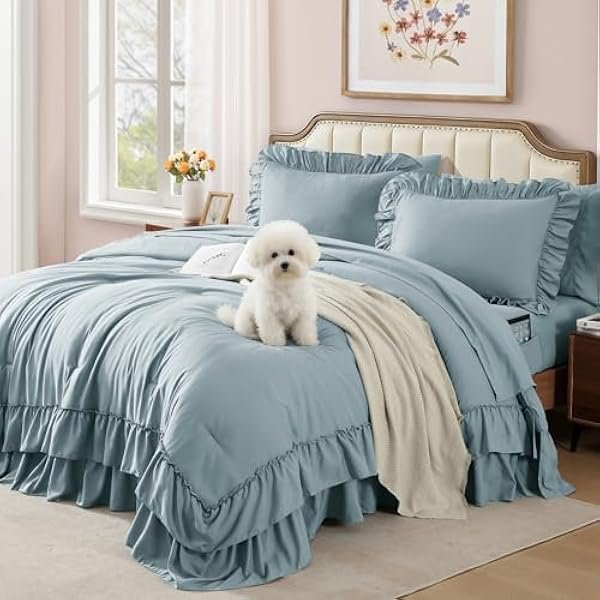 King Size Comforter Set Dusty Blue, Ruffle Shabby Chic Bedding Set Farmhouse 7 Pieces, All Season Fluffy Bed in a Bag with Sheets, Pillowcases & Shams