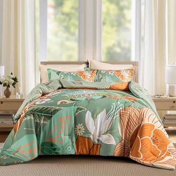Sage Green Boho Floral Queen Comforter Set - 3 Piece Farmhouse Botanical Bedding Comforter Sets for All Season Soft Lightweight Mid Century Bed Set, (1 Reversible Comforter and 2 Pillow Shams