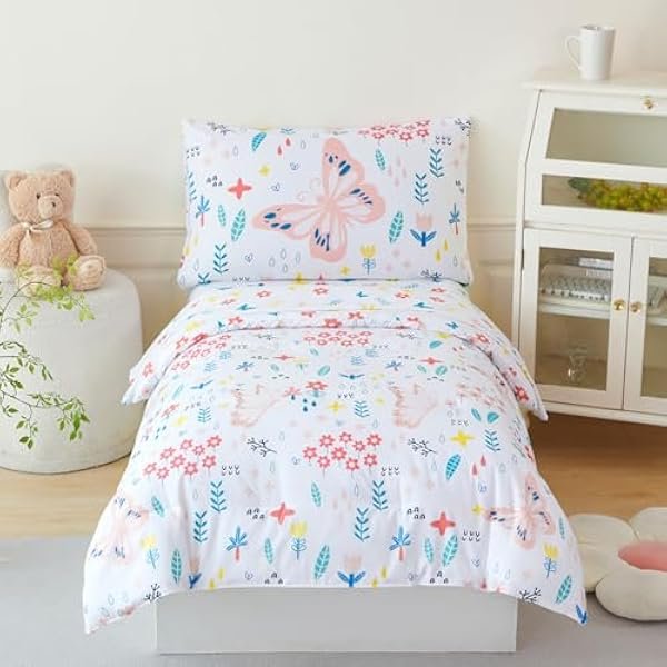 Girls Floral Comforter Set Twin Size 4 Pieces Botanical Flower Bedding Set Butterfly Pattern Teens Kids Bed in a Bag with Sheets for All Seasons(White, Twin)