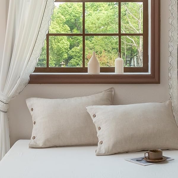 100% Linen Pillowcases Set of 2, French Linen from Normandy, 20X26Inch Standard Size, Natural Color, Coconut Buttons Closure, Flax Pillowshams-Pillowcase-Linen