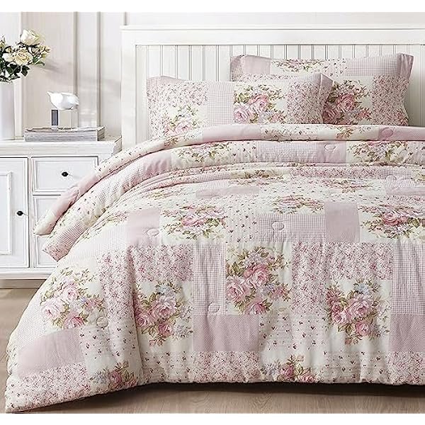 Rosy 3-Piece Queen Size Washed Cotton Comforter Set - Floral Bedding Set Ivory Green Pink Flower Polka Dot Printed Patchwork Reversible Lightweight Comforter for All Season