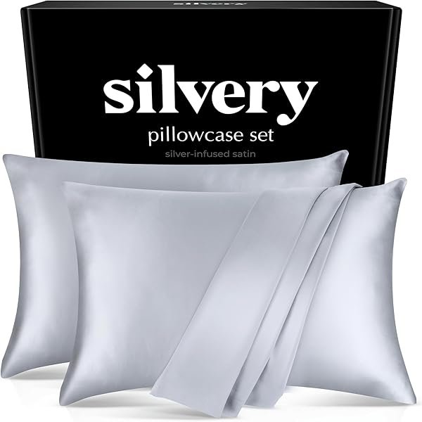 Silver Infused Satin Pillowcases Set – 2 Pack Silky Soft Cooling Pillow Cases with Self-Cleaning  Technology™ for Hygienic Sleep – Better Than Silk for Hair and Skin, Size Queen 20x30”
