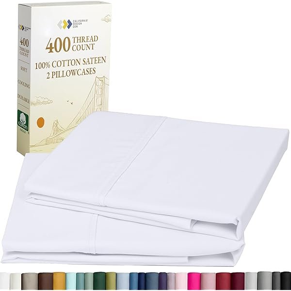 Standard Queen Size Pillowcase Set - 400 Thread Count, 100% Cotton Sateen, Set of 2 Pillow Covers, Soft and Breathable - Bright White