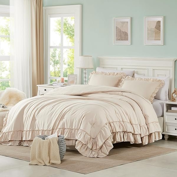 Beige Queen Comforter Set, 3Pcs Comforters Ruffle Farmhouse Bedding Sets Queen with Comforter, Lightweight Soft Shabby Chic Bedding Comforter Set Fluffy for All Season