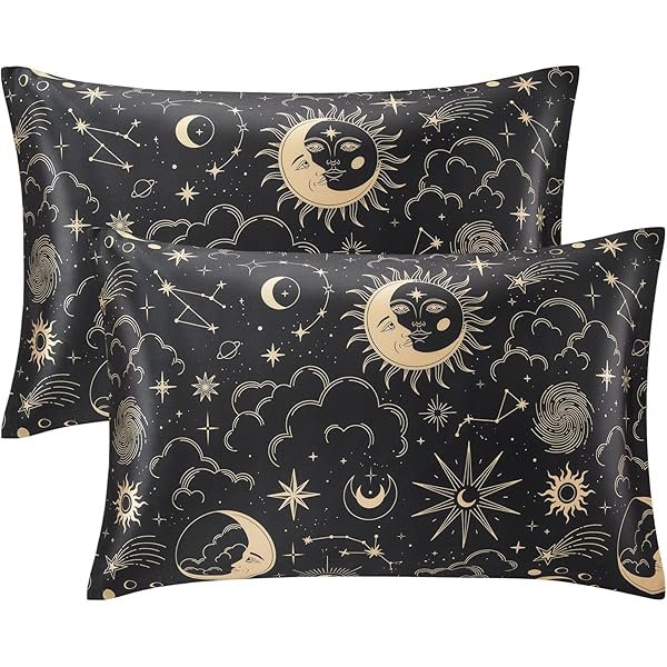 Satin Pillowcase for Hair and Skin Queen - Black Printed Silk Pillow Cases 2 Pack 20x30 inches - Satin Pillow Cases Set of 2 with Envelope Closure, Gifts for Women Men