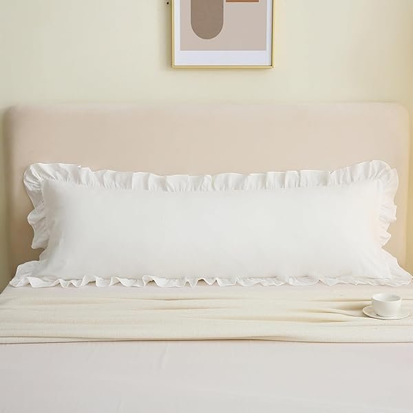 Ruffle Body Pillow Cover 20x54 Inches Farmhouse Style- 100% Washed Cotton Decorative Sham | Off White Elegant Bedding Accent for Bed, Couch, Living Room (1 Piece)
