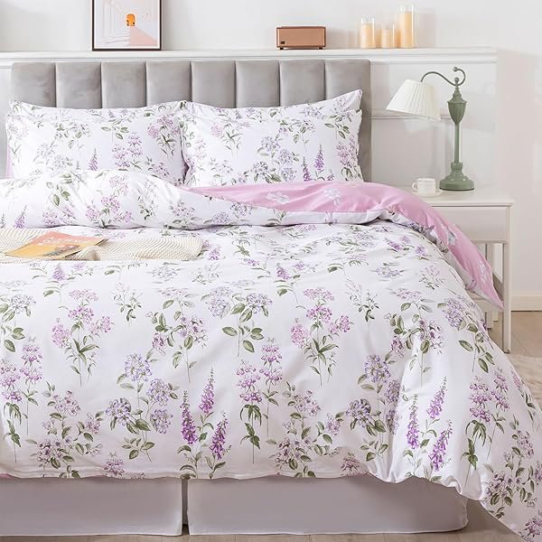 Purple White Floral Duvet Cover Sets Queen 100% Cotton Lilac Lavender Reversible Comforter Cover French Country Bedding All Season Soft Crisp Green Leaves Bed Cover with Zipper 3 Pieces