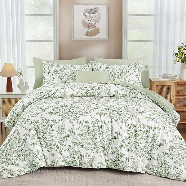 8 Pieces King Size Comforter Set Green,Sage Green Floral Bed in a Bag Comforter Sets, Soft Reversible Botanical Flowers Bedding Sets for All Season (90"x104")