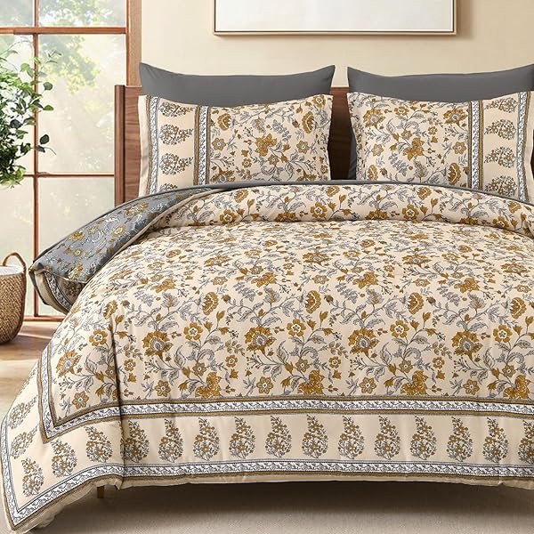 Boho Comforter Set Queen,Beige Brown Bedding Paisley Floral 7 Piece Bed in a Bag Reversible Lightweight Bohemain Comforters with Sheet Sets for All Season